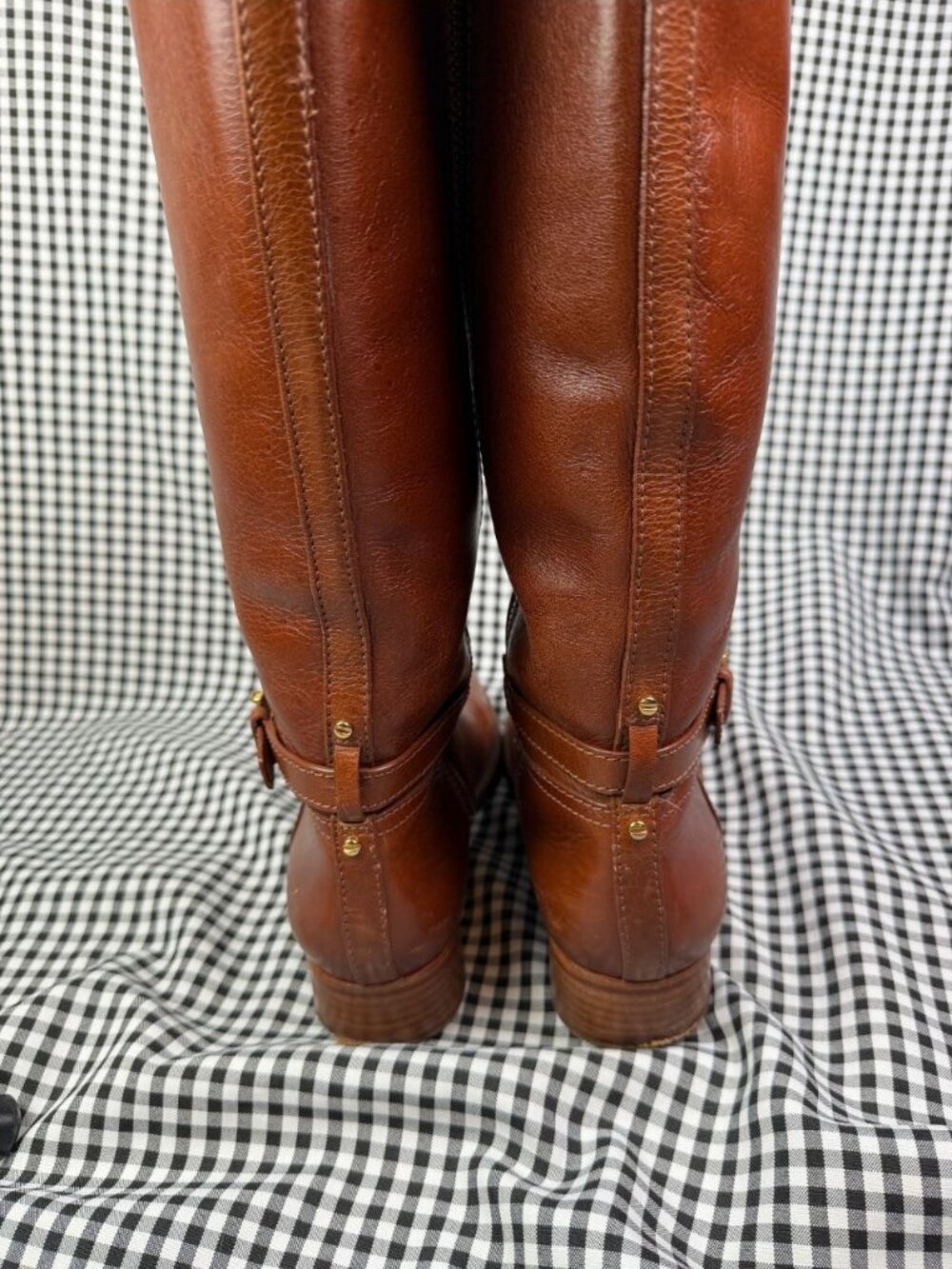 Tory Burch Nadine Brown Leather Riding Boots Womens 7 M Tall Gold Logo - Picture 5 of 8